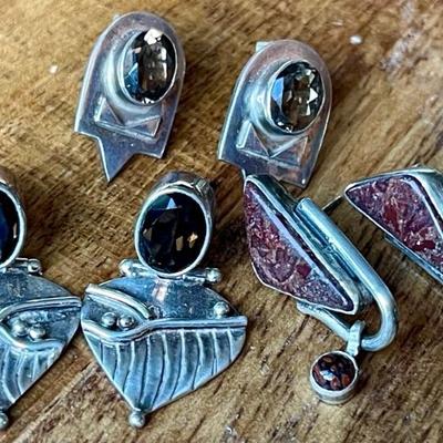 (3) Pairs Of Sterling Silver Earrings - Faceted Smoky Topaz & Jasper Handmade Total Weight 19.8 Grams 