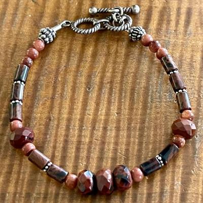 Vintage Mahogany Obsidian Bead & Sterling Silver 8 Inch Bracelet 
