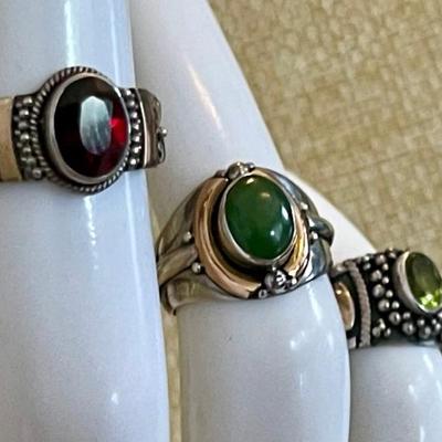 (3) Sterling Silver Pinky Rings - Sizes 2-3.25 - Peridot - Jade & Garnet W 18K Gold Accents - 12.1 Grams 