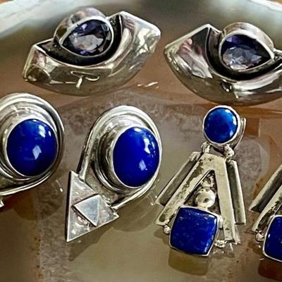 (3) Pairs Of Sterling Silver - Faceted Iolite & Blue Lapis Handmade Earrings - Total Weight 24.5 Grams 