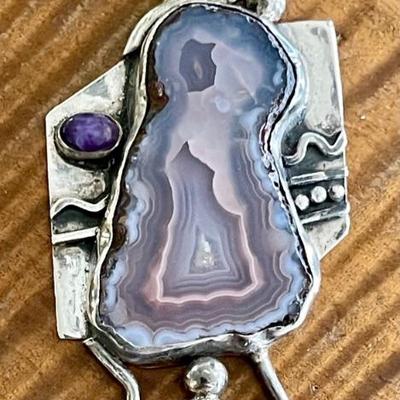Loveland Sterling Silver - Crazy Lace Agate - Charoite & Tiger's Eye Pendant Total Weight 19.6 Grams 