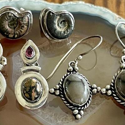 (3) Pairs Of Sterling Silver - Fossil - Picasso Marble - Jasper & Garnet Handmade Earrings - 23.6 Grams 
