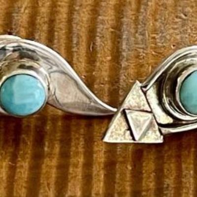 (2) Pairs Of Handmade Sterling Silver And Larimar Cabochon Post Earrings - Total Weight 17.4 Grams 