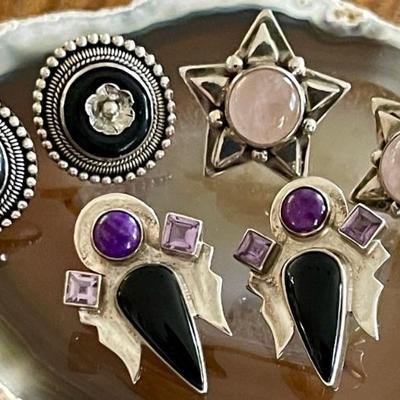 (3) Pairs Of Sterling Silver - Charoite - Amethyst - Black Onyx & Rose Quartz Earrings - 27.4 Grams 