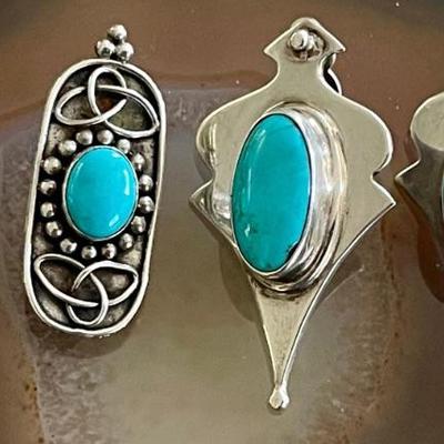 2 Pairs Of Vintage Sterling Silver & Turquoise Handmade Clip On Earrings - Total Weight 29 Grams 