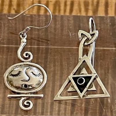 (2) Pairs Of Sterling Silver -black Onyx And Moon Face Handmade Earrings -total Weight 17.7 Grams 
