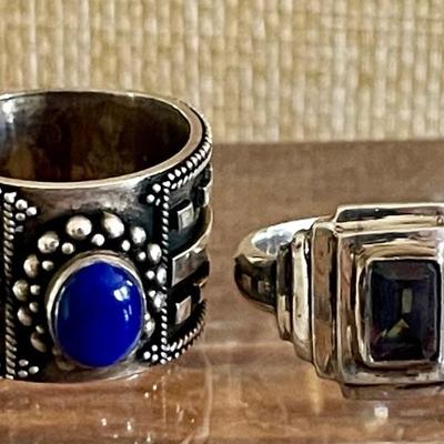 (2) Sterling Silver Rings - Rainbow Topaz & Blue Lapis W 18K Gold Accents - Both Size 7.25 - Weight 18.3 Grams