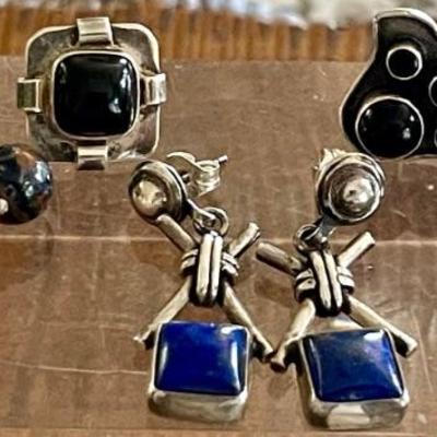 (3) Pairs Of Sterling Silver - Pietersite - Black Onyx - Blue Lapis Handmade Earrings - 20.3 Grams 