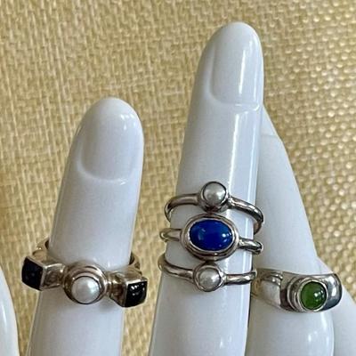 (3) Sterling Silver Pinky Rings Sizes 3 - 3.25 - Peridot - Blue Lapis - Tourmaline - Total Weight 12 Grams 