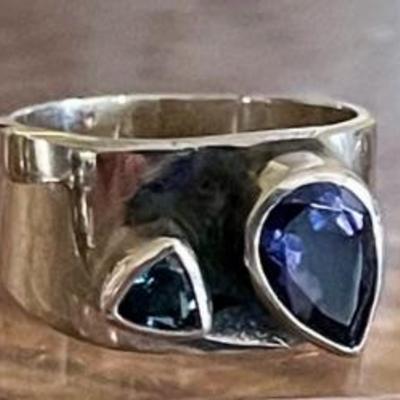 (3) Sterling Silver Pinky Rings Sizes 2.5 - 4.5 - Iolite & Topaz - Amethyst - Blue Lapis  Weight 12.5 Grams 