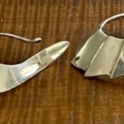 (2) Pairs Of Handmade Sterling Silver Cuff Earrings (1) Faceted Garnet Stones - Total Weight 46 Grams 
