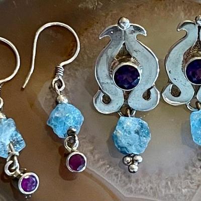 (2) Pairs Of Sterling Silver - Aquamarine - Faceted Amethyst & Ruby Earrings - Total Weight 10.9 Grams 