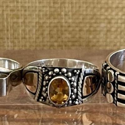 (3) Sterling Silver Rings - Baltic Amber - Tribal Band & Faceted Citrine - Total Weight 16.7 Grams 
