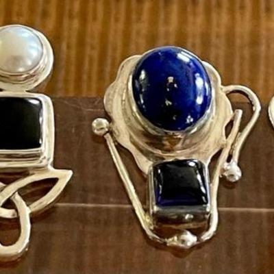 (2) Pairs Of Sterling Silver - Onyx - Iolite & Pearl Handmade Earrings - Total Weight 25.1 Grams 