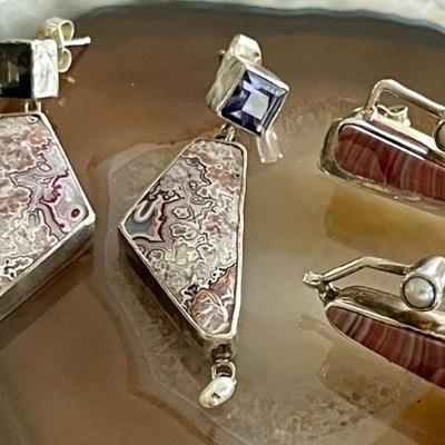 (2) Pairs Of Sterling Silver Crazy Lace Agate - Faceted Iolite - Jasper & Fresh Water Pearl Earrings -  17.4 