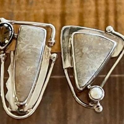 (2) Pairs Of Sterling Silver - Jasper & Ocean Jasper - Pearl & Smoky Topaz Handmade Earrings - 24.6 Grams 