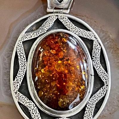 Vintage Hand Made Sterling Silver & Amber Pendant - Total Weight 26.6 Grams 