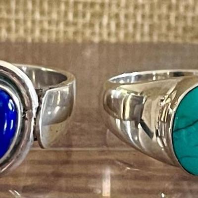 (2) Sterling Silver Rings - Turquoise Cabochon & Blue Lapis - Size 9 - 9.5 - Total Weight 14.7 Grams 