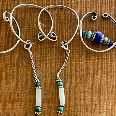 (3) Pairs Of Sterling Silver & Handmade Bead Cuff Earrings - Total Weight 27.9 Grams 