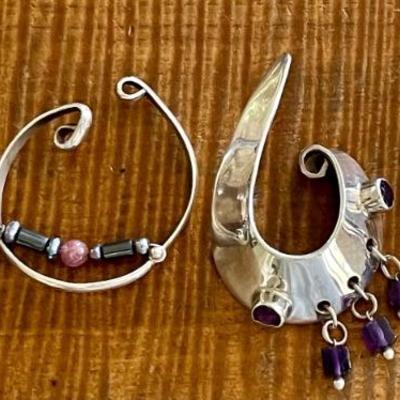 (2) Pairs Of Sterling Silver Handmade Cuff Earrings With Faceted Amethyst & Beads - Total Weight 31.3 Grams 