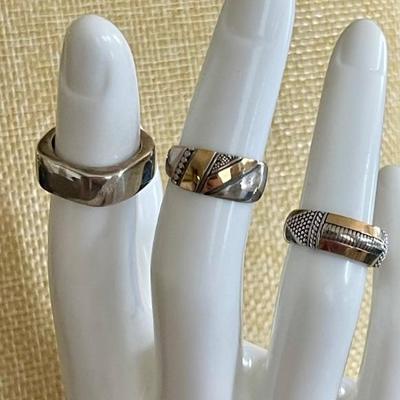 (3) Sterling Silver Pinky Rings (2) W 18K Gold Accents Size 3.5 - (1) Square Band Size 3 - Weight 15.3 Grams 