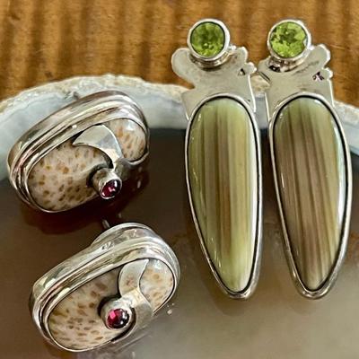 (2) Pairs Of Sterling Silver Jasper - Faceted Peridot & Garnet Handmade Earrings - Total Weight 27.3 Grams 