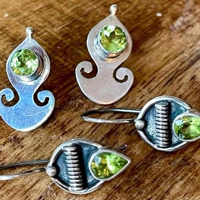(2) Pairs Of Sterling Silver & Peridot Handmade Earring - Total Weight 9.3 Grams 
