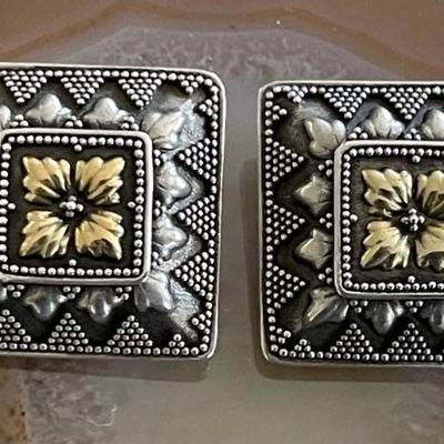 Pair Of Vintage Handmade Sterling Silver And 14K Gold Clip On Earrings - Total Weight 15.3 Grams 