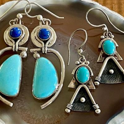 (2) Pairs Of Handmade Sterling Silver - Turquoise & Blue Lapis  Dangle Earrings - Total Weight 22.9 Grams 