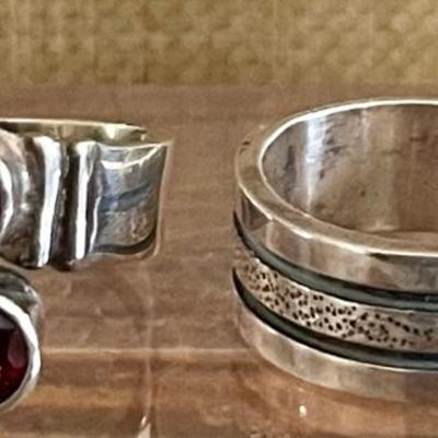 (2) Sterling Silver Rings - Band & Faceted Garnet - Total Weight 14.8 Grams 
