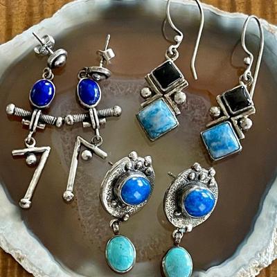 (3) Pairs Of Vintage Sterling Silver - Blue Lapis - Black Onyx - Larimar & Turquoise Earrings - 25 Grams 