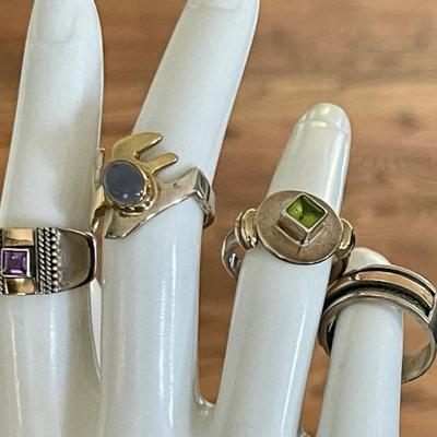 (4) Sterling Silver Rings - Moonstone - Peridot - Amethyst - Band W 18K Gold Accents - Weight 21.5 Grams 