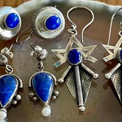  (3) Pairs Of Sterling Silver - Blue Lapis And Pearl Handmade Earrings - Total Weight 23.8 Grams 