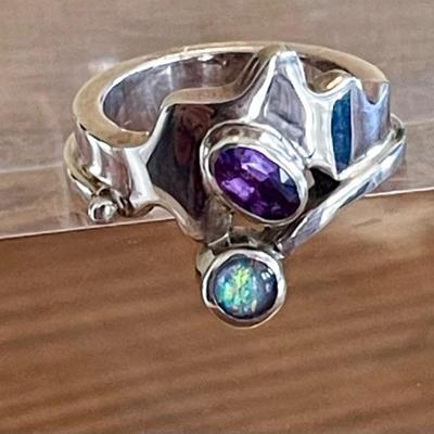 Beautiful Sterling Silver - Sapphire & Opal Ring Size 5.5 - Total Weight 9.3 Grams 