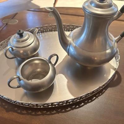 Pewter tea/coffee with cream, sugar & tray