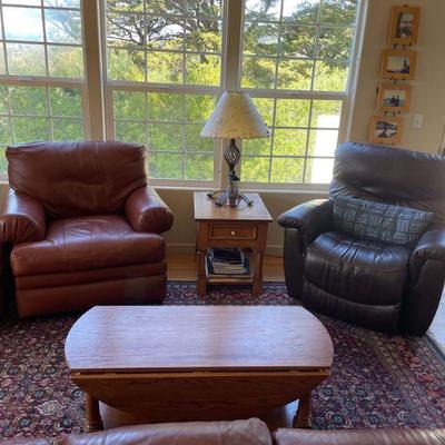 Leather chairs by Thomasville, ottoman, sofa, rug, lamp, side. Rug table, coffee table. 