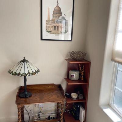 Two corner matching adjustable shelves, side table. Lamp.