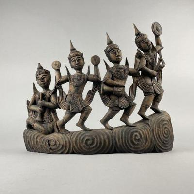 Lot 24 | Vtg Hand Carved Wood Thai Musicians Statue
