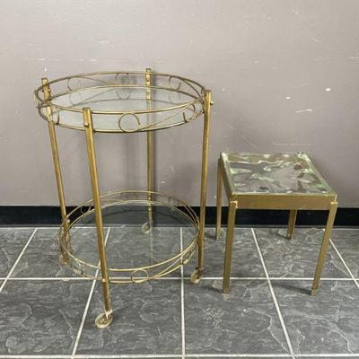 Lot 150 | Vtg MCM Gold Bar Cart & Glass Block Side Table
