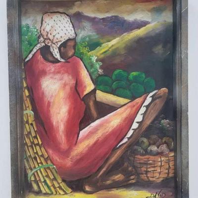Authentic Original Naive Oil On Masonite , Signed " Caribbean Woman "