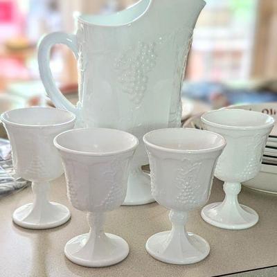 72 Oz Ice Lip Pitcher
Harvest Milk Glass
by Colony and 4 matching goblets