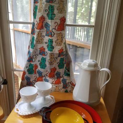Aprons, dishes, coffeepot