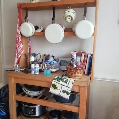 Butcher's block baker's rack, pots and pans
