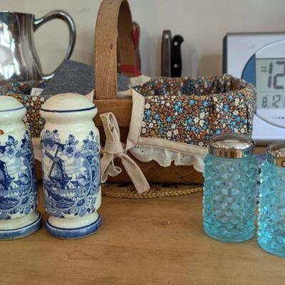 Fenton hobnail blue opalescent shakers & Delt tin glazed shaker set