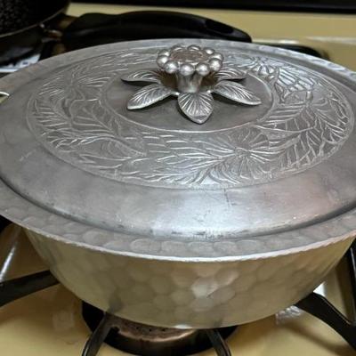vintage hand forged aluminum covered dish 
