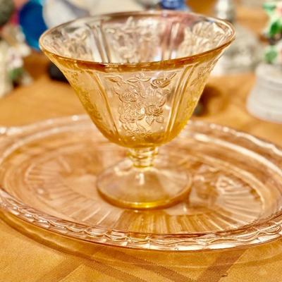 Pink Depression glass Sherbet cup and tray