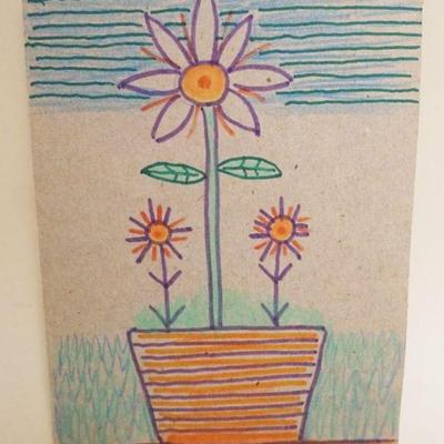 1296	JACK SAVITSKY *IT'S A DAZY 90* CONTEMPORARY FOLK ART DRAWING ON THE BACK OF A TASTYKAKE BOX, APPROXIMATELY 6 1/2 IN X 4 1/2 IN
