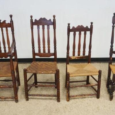1160	4 ANTIQUE BANNISTER BACK CHAIRS WITH RUSH AND WOVEN SPLIT SEATS
