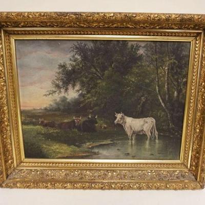 1131	ANTIQUE OIL PAINTING OF STEER/BULLS DRINKING OUT OF WOODED STREAM, APPROXIMATELY 20 IN X 17 IN OVERALL
