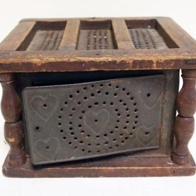 1047	ANTIQUE PRIMITIVE PUNCHED TIN FOOT WARMER, WITH HEART DESIGN, APPROXIMATELY 9 IN X 8 IN X 6 IN H
